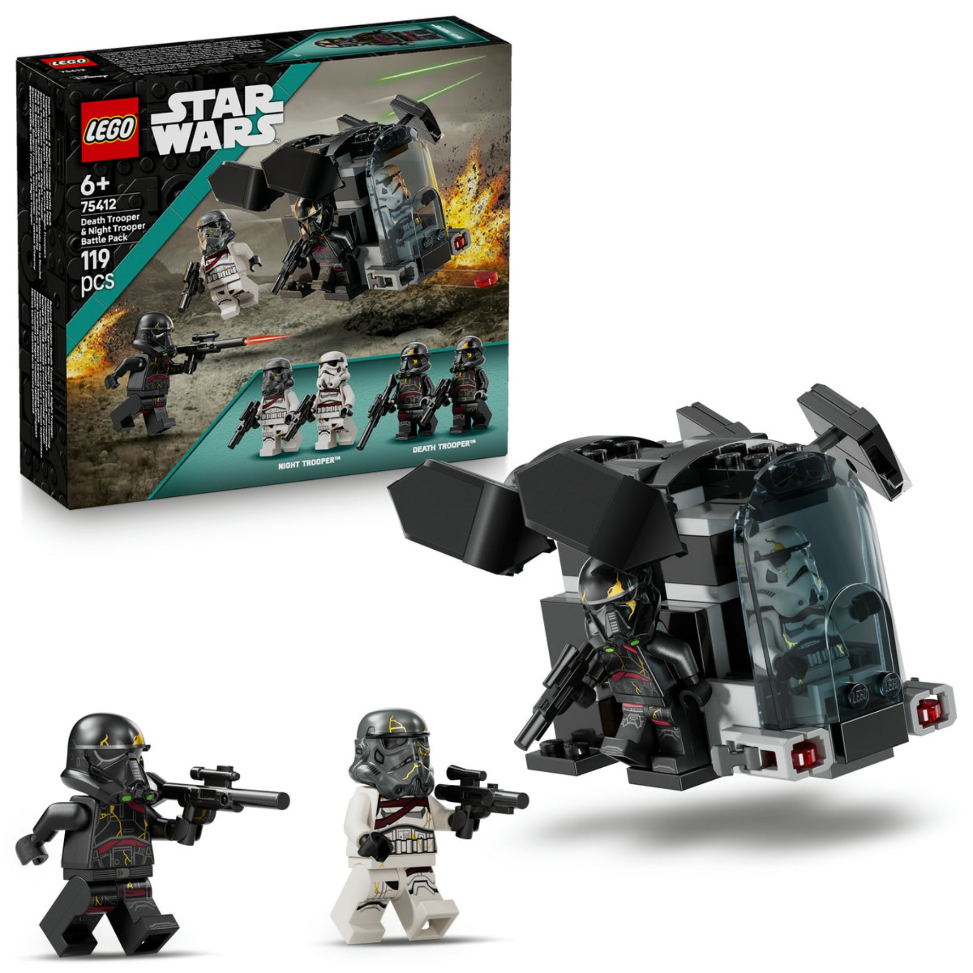 LEGO Star Wars Death Trooper & Night Trooper Battle Pack (75412) készlet és doboz – A minifigurák, a harci jármű és a díszdoboz együtt látható.