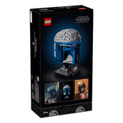 A LEGO Jango Fett sisak (75408) készlet hátoldali dobozképe, amely bemutatja a modell oldalnézetét, valamint három kis kép Jango Fettről és a LEGO változatról.
