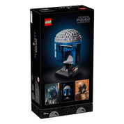 A LEGO Jango Fett sisak (75408) készlet hátoldali dobozképe, amely bemutatja a modell oldalnézetét, valamint három kis kép Jango Fettről és a LEGO változatról.