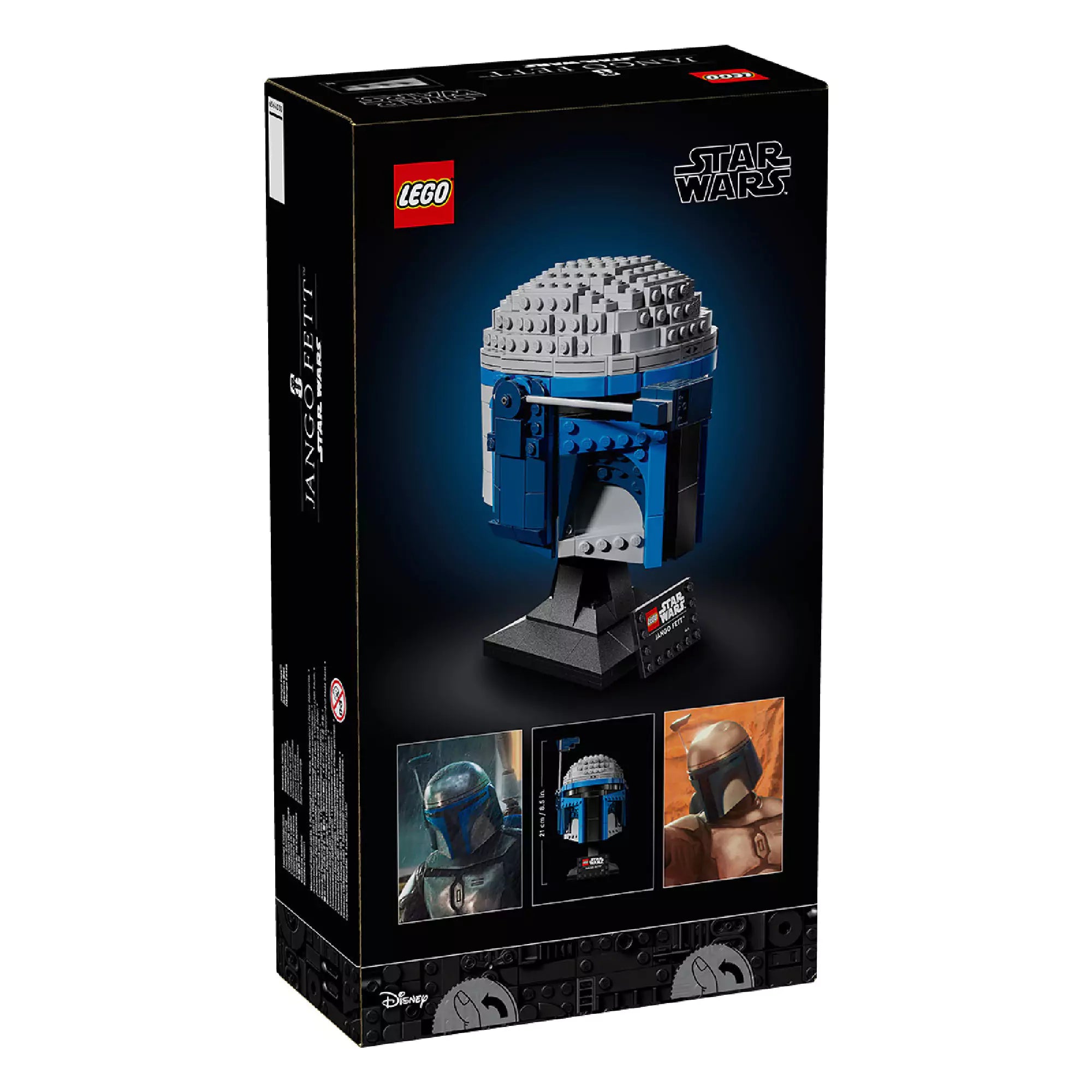 A LEGO Jango Fett sisak (75408) készlet hátoldali dobozképe, amely bemutatja a modell oldalnézetét, valamint három kis kép Jango Fettről és a LEGO változatról.
