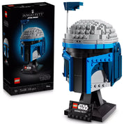 A LEGO Jango Fett sisak (75408) készlet kibontott változata a dobozzal együtt, fekete bemutatóállványra helyezve, elöl a "Jango Fett" névtábla.