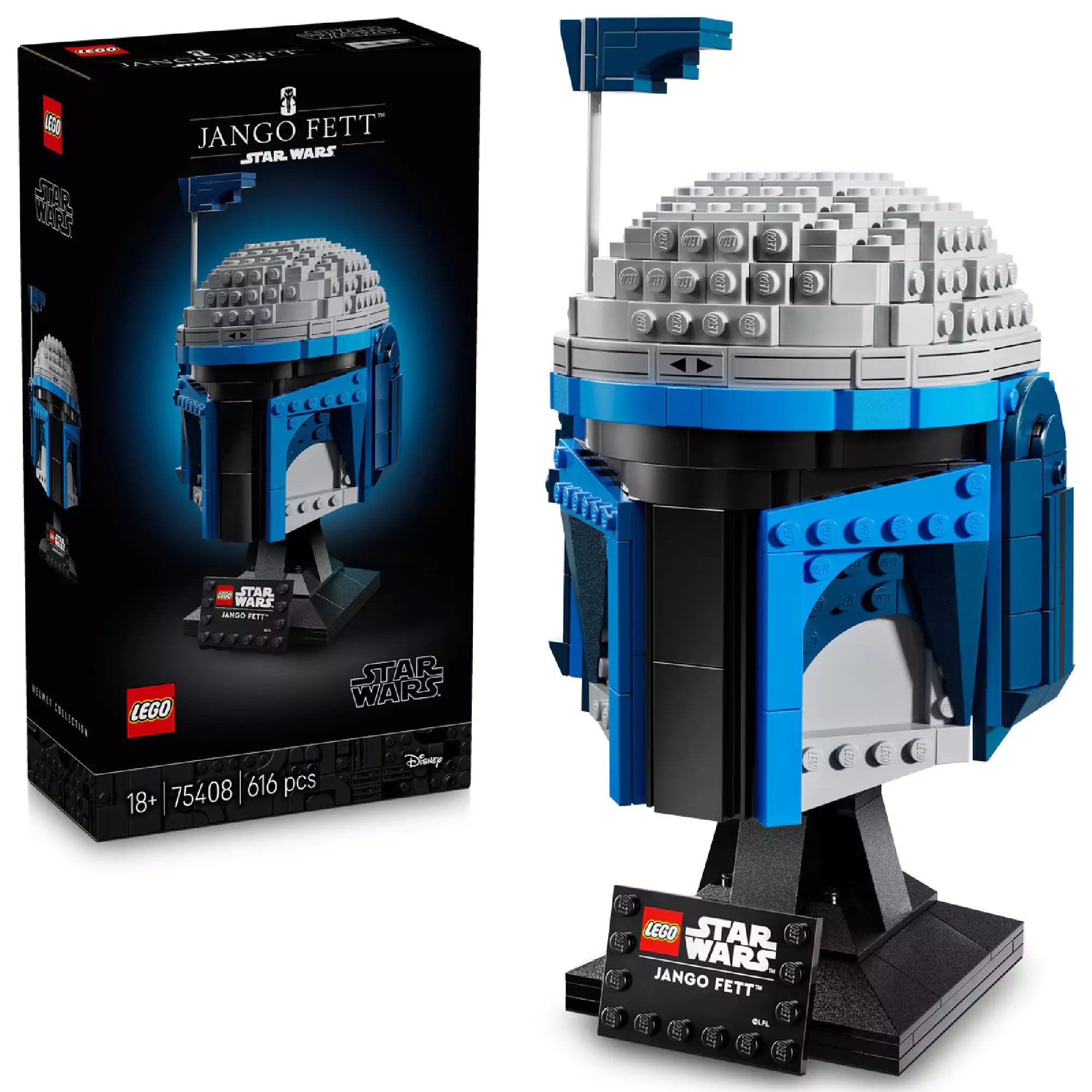 A LEGO Jango Fett sisak (75408) készlet kibontott változata a dobozzal együtt, fekete bemutatóállványra helyezve, elöl a "Jango Fett" névtábla.