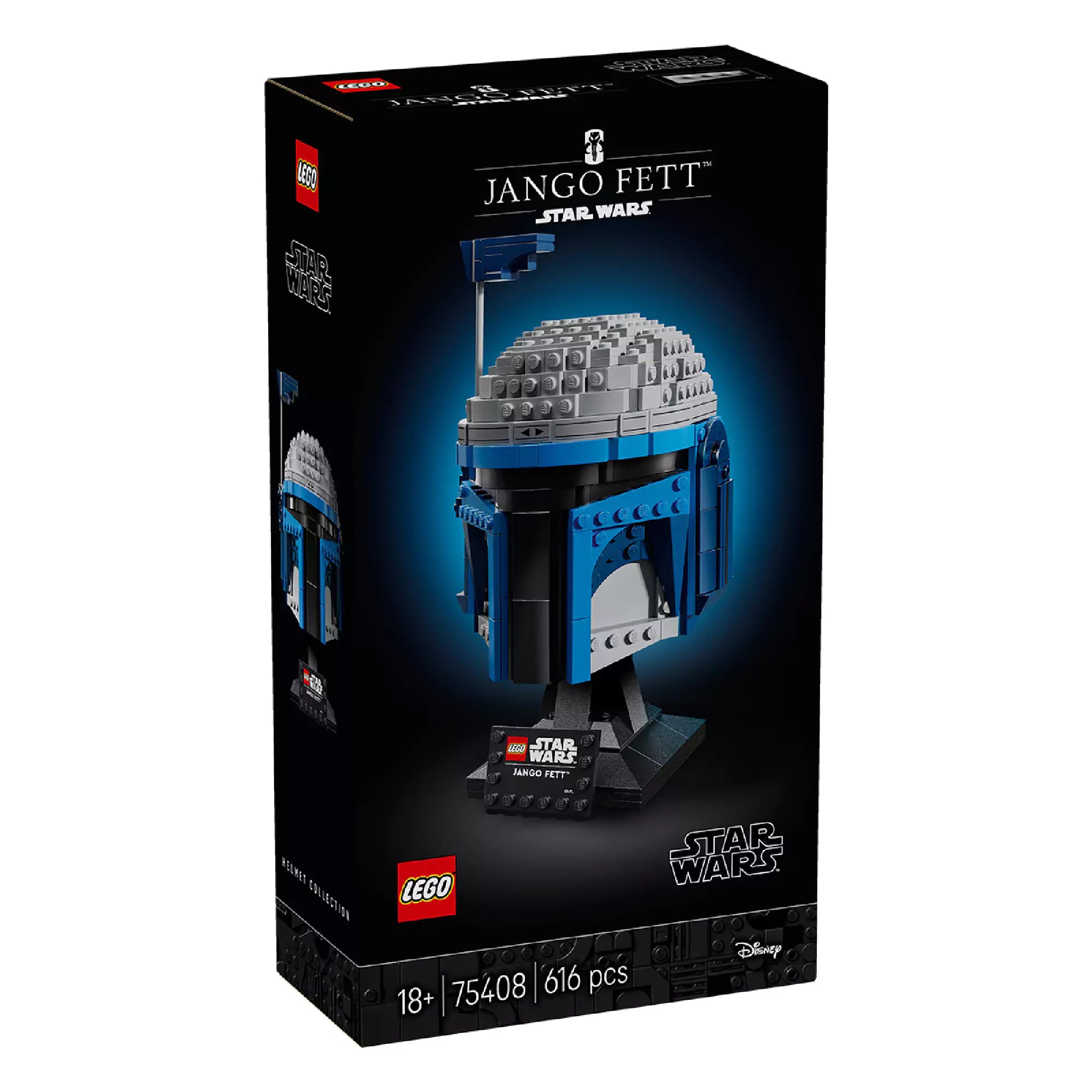 LEGO Star Wars Jango Fett sisak (75408) termékdoboz elölnézete, sötét háttérrel, jól láthatóan a kész modell és a LEGO logó, Star Wars felirat, valamint a darabszám és az ajánlott korosztály (18+).