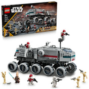 LEGO Star Wars Republic Juggernaut (75413) doboz és megépített jármű – A masszív, 10 kerekű páncélozott jármű a klón katonákkal és droid figurákkal.
