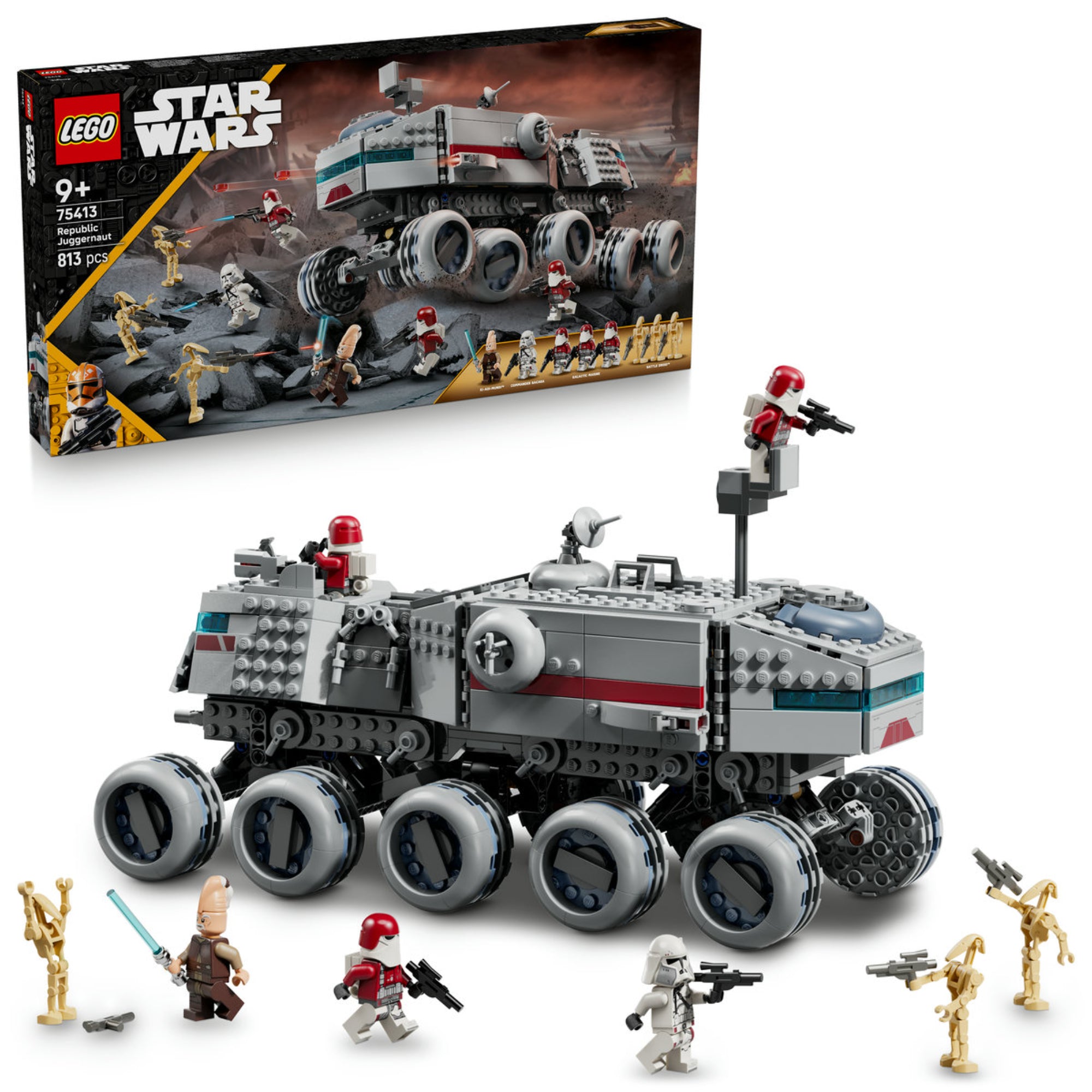 LEGO Star Wars Republic Juggernaut (75413) doboz és megépített jármű – A masszív, 10 kerekű páncélozott jármű a klón katonákkal és droid figurákkal.
