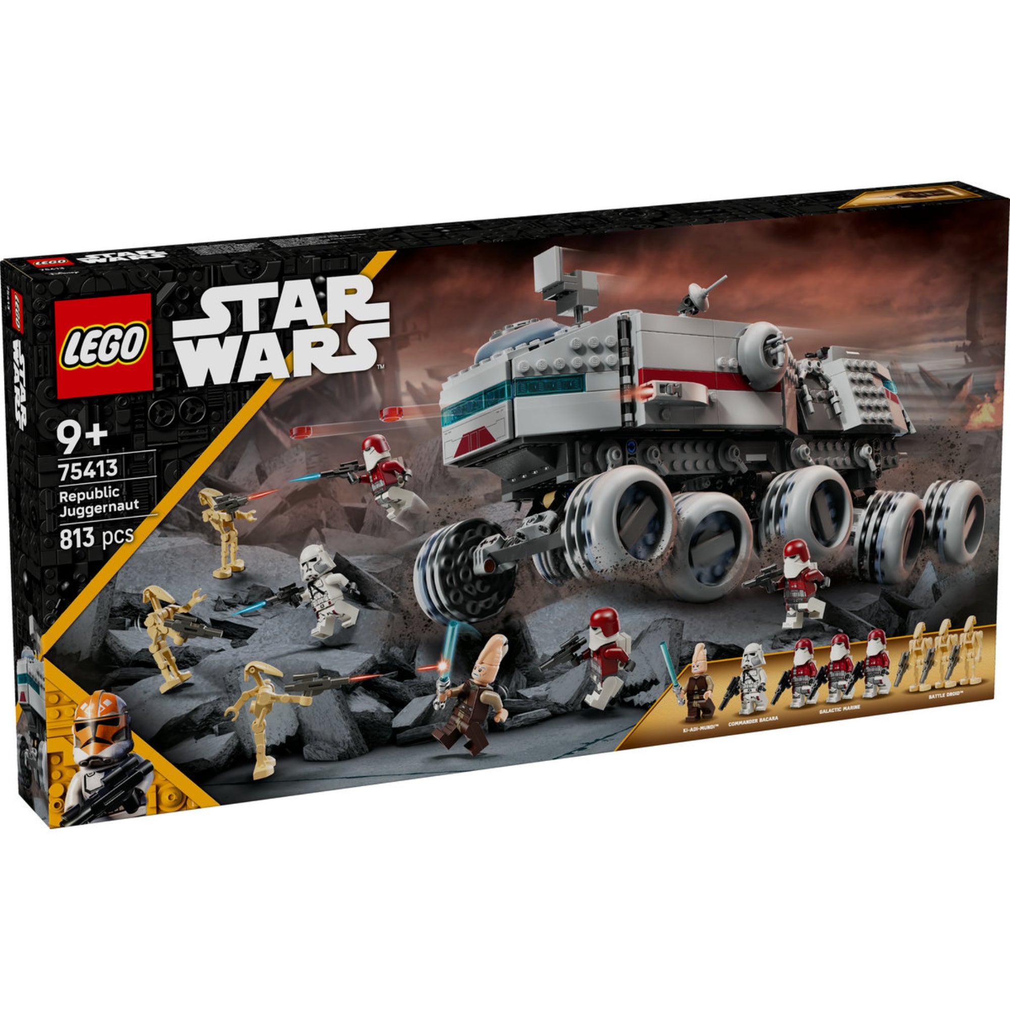 LEGO Star Wars Republic Juggernaut (75413) dobozkép elölnézet – A harcjelenetet ábrázoló illusztrációval és a mellékelt minifigurák bemutatásával.