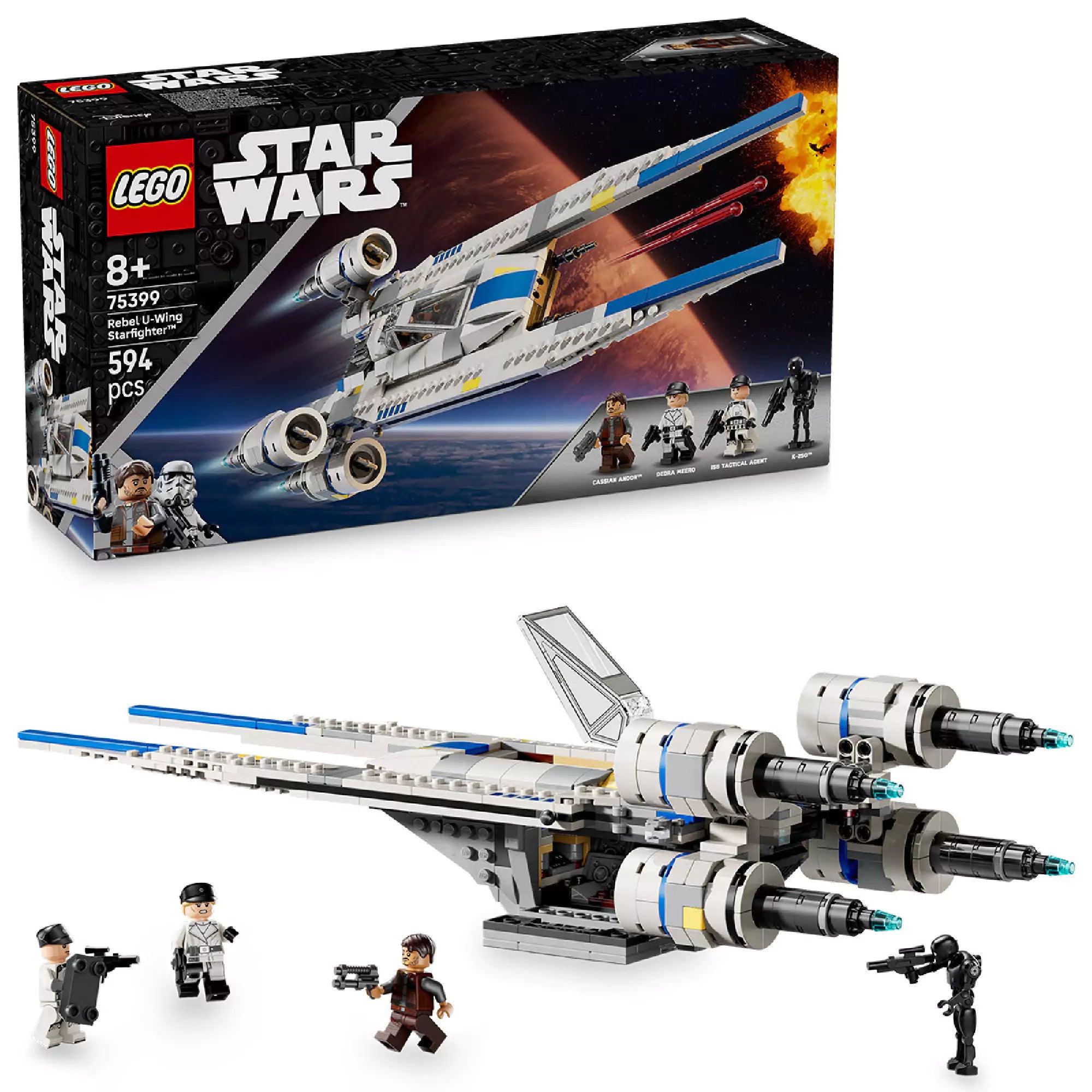 LEGO Star Wars Rebel U-Wing Starfighter (75399) doboz és megépített űrhajó, valamint a mellékelt minifigurák: Cassian Andor, Bix Caleen, R2 tactical droid és két klónkatona.