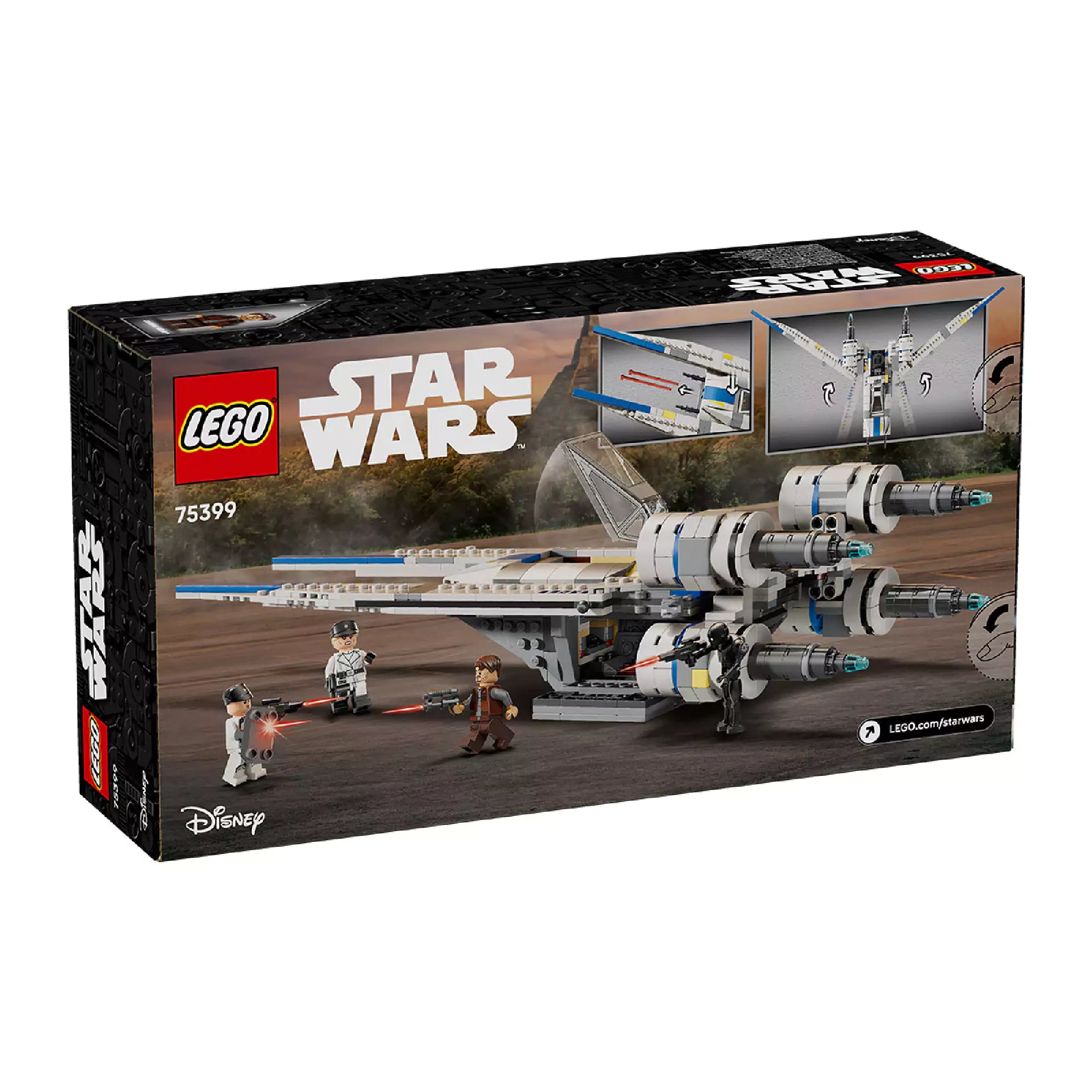 A LEGO Star Wars Rebel U-Wing Starfighter (75399) doboz hátoldala, bemutatva a mozgatható szárnyakat és a szereplőket akció közben.
