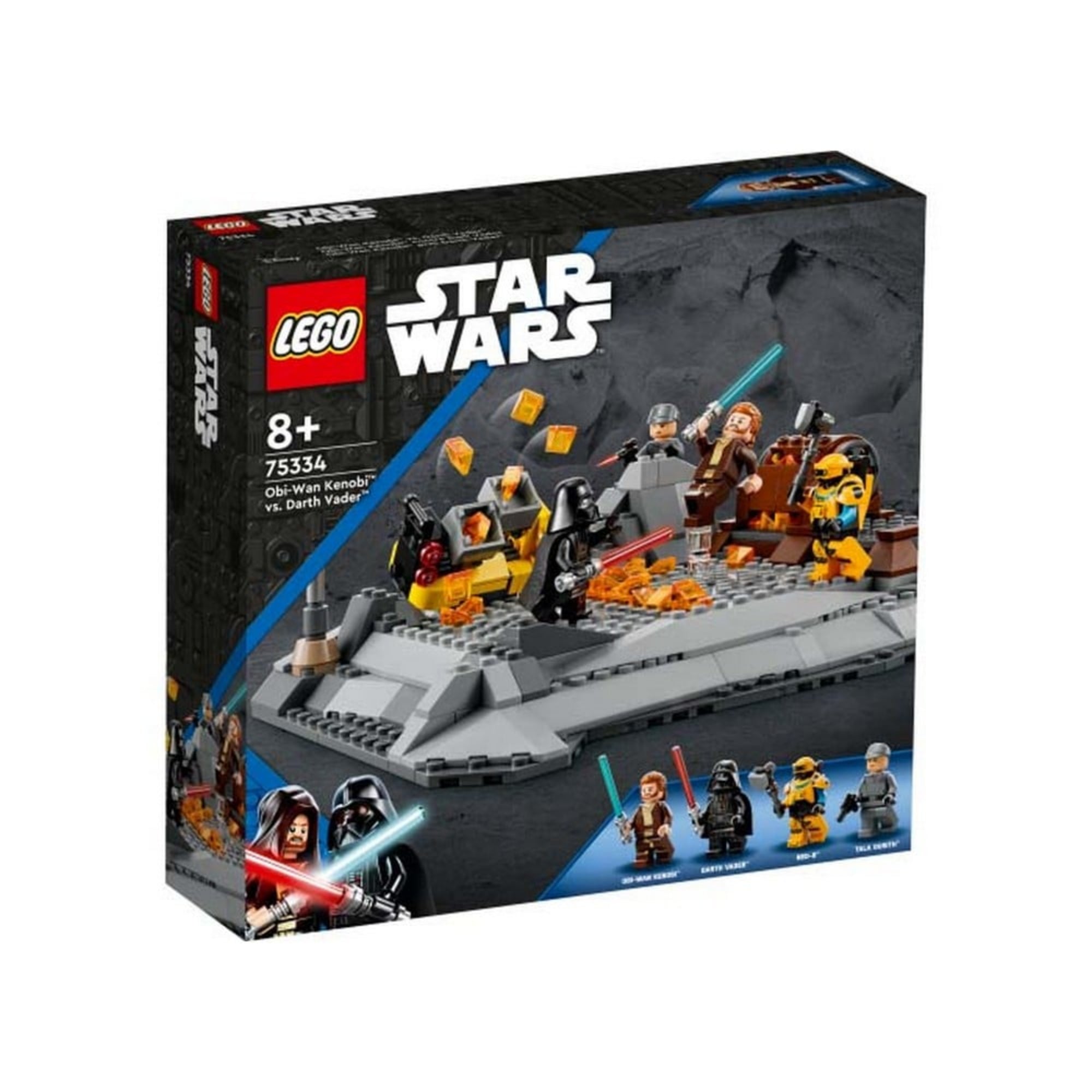 A LEGO Star Wars 75334 Obi-Wan Kenobi vs. Darth Vader készlet doboza, rajta a négy minifigurával és a vulkanikus harci jelenet megépíthető díszletével.