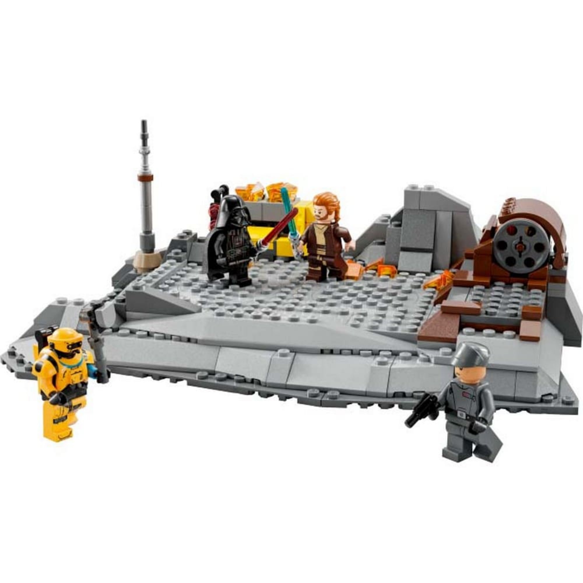 A LEGO Star Wars 75334 teljes építménye, középen Obi-Wan és Darth Vader párbajával, körülöttük egy sárga páncélos bányásszal és egy birodalmi tiszttel.
