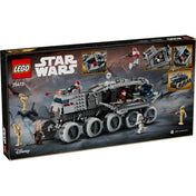 LEGO Star Wars Republic Juggernaut (75413) doboz hátlap – A jármű funkcióinak bemutatása nyitható oldalakkal és akcióban lévő minifigurákkal.