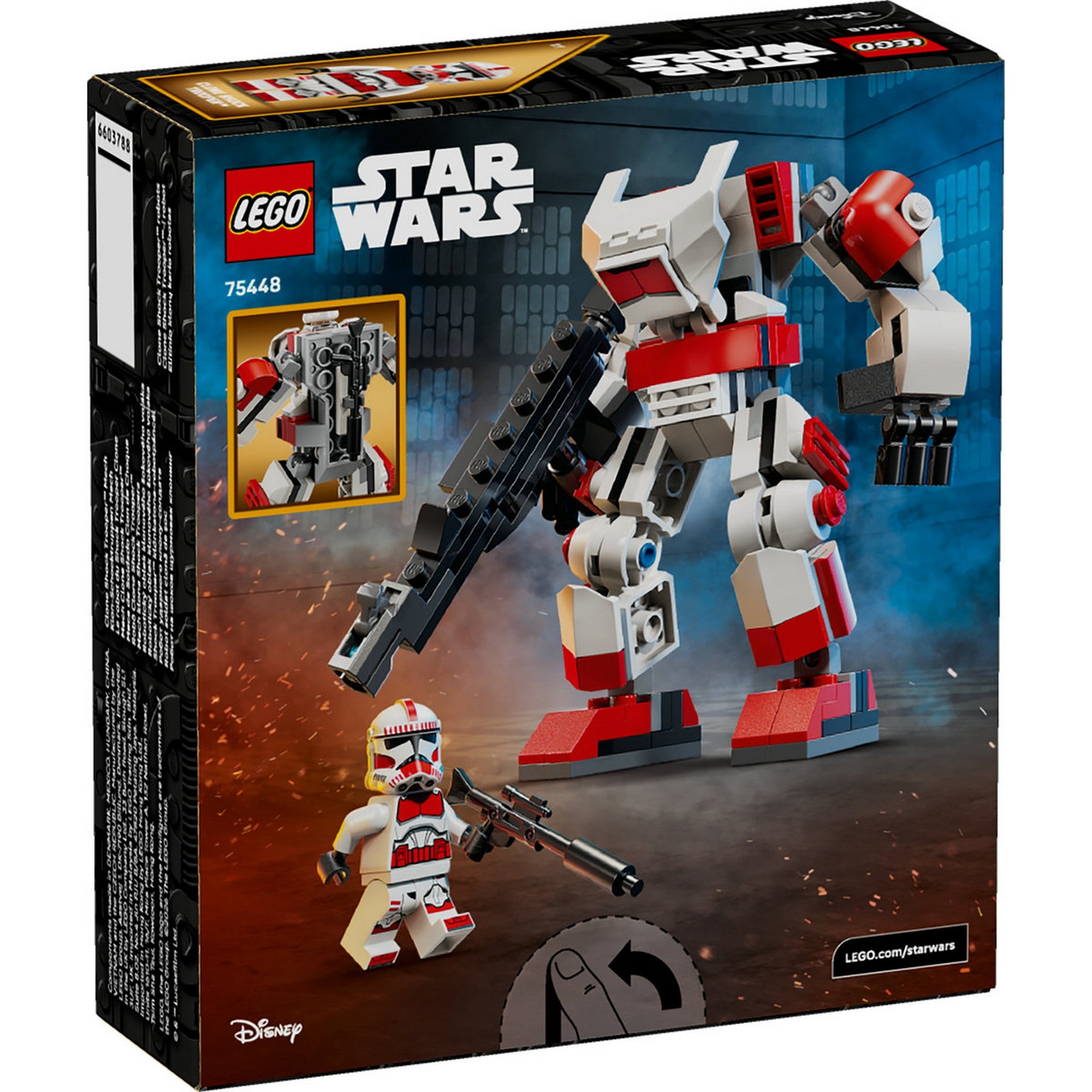 LEGO Star Wars Clone Shock Trooper Mech (75448) – A készlet dobozának hátoldala, a megépített mech és a minifigura játékfunkcióinak bemutatásával.