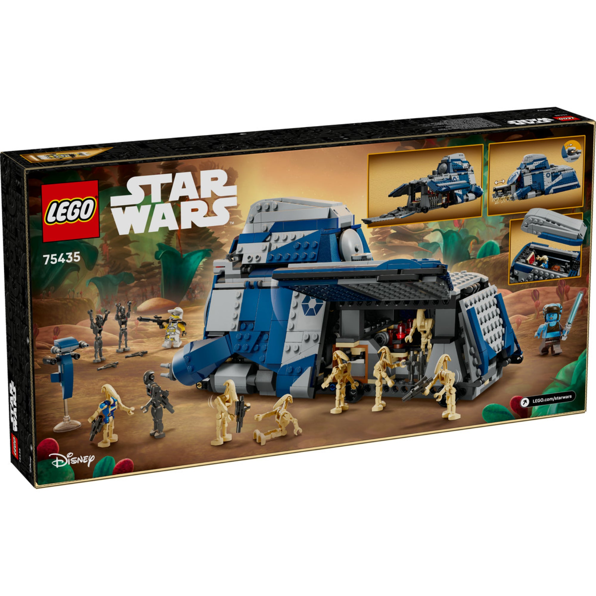 A LEGO Star Wars: Battle of Felucia – Separatist MTT (75435) doboz hátoldala, amely az MTT belső részét és funkcióit mutatja, valamint akcióban látható a minifigurákat.