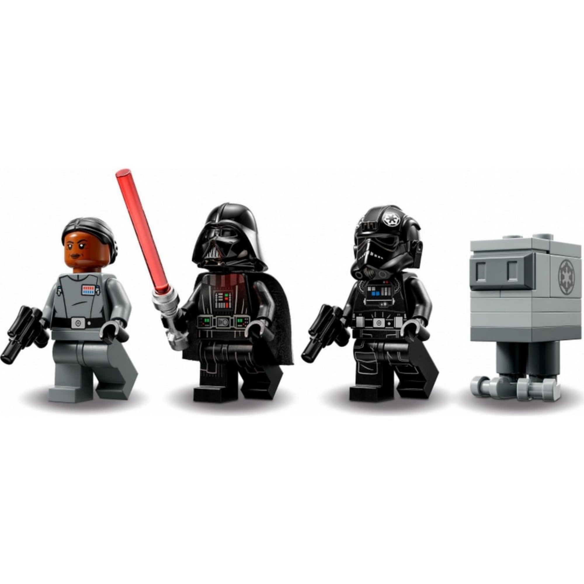 A LEGO Star Wars TIE bombázó (75347) készlethez tartozó négy figura: Vice Admiral Sloane, Darth Vader vörös fénykarddal, egy TIE pilóta és egy GNK droid, egymás mellett sorakozva.