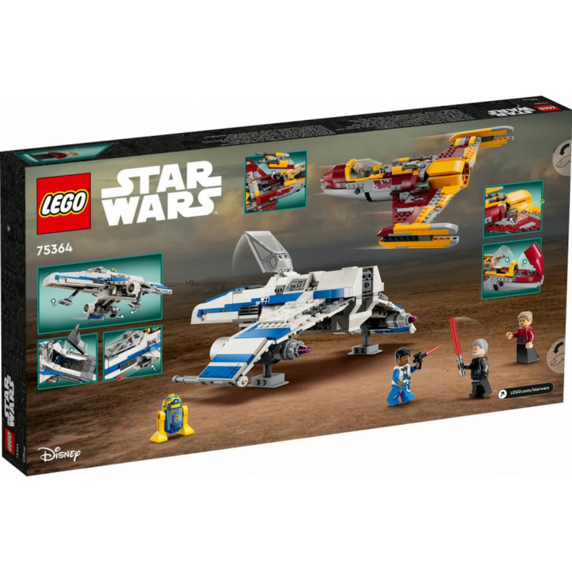 LEGO Star Wars 75364 doboz hátoldala, rajta a két vadászgép földi jelenetben, és kisebb képekben a mozgatható, nyitható elemek, kilövők és minifigurák részletei