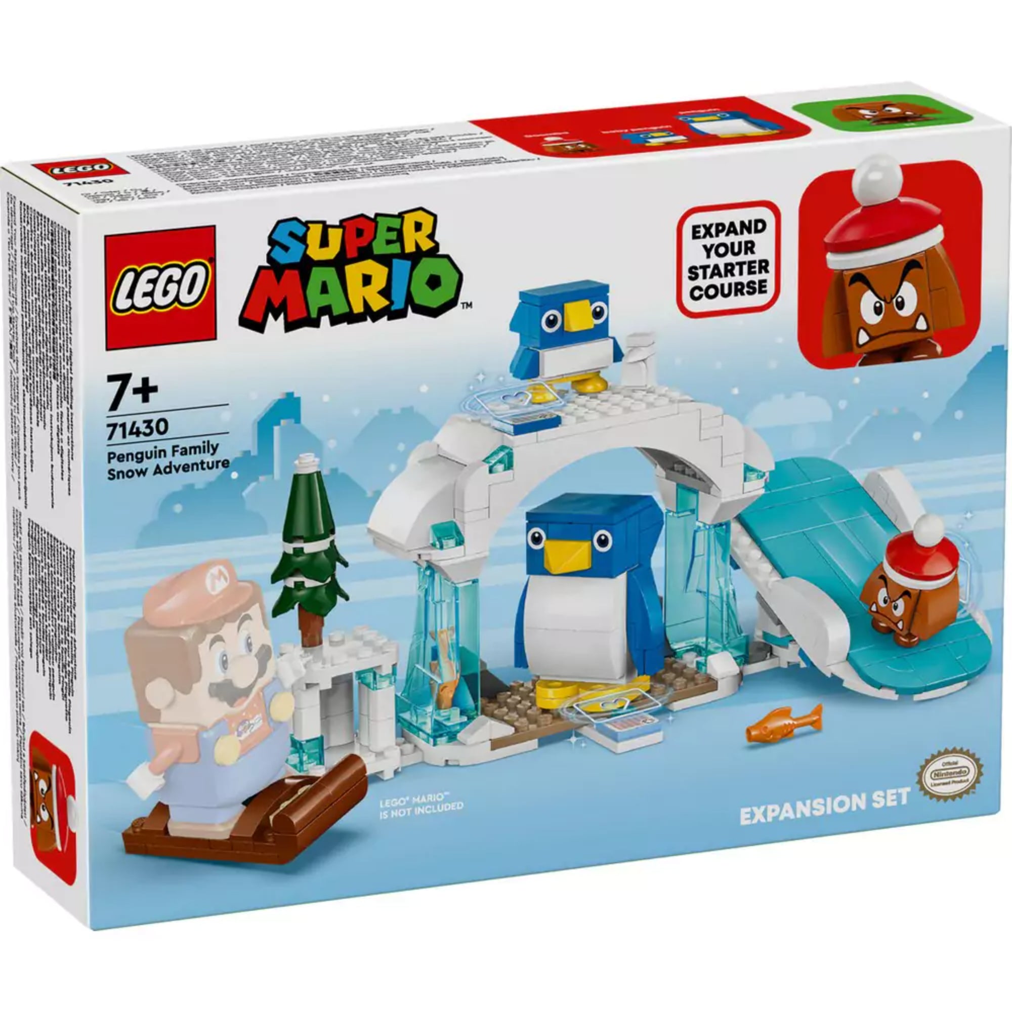A LEGO Super Mario 71430 A pingvin család havas kalandjai szett doboza, havas tájjal, pingvin figurákkal és karácsonyi sapkás Goomba-val.