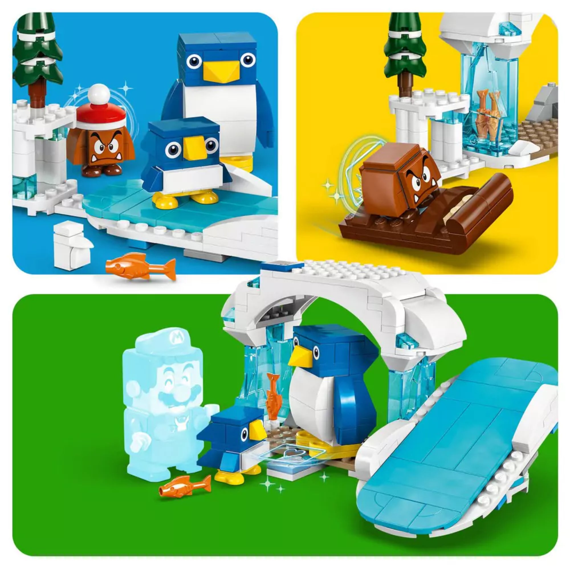 A LEGO 71430 szett jelenetei játék közben: Goomba csúszik, a pingvinek a jégen állnak, és Mario segíti őket halat adva.