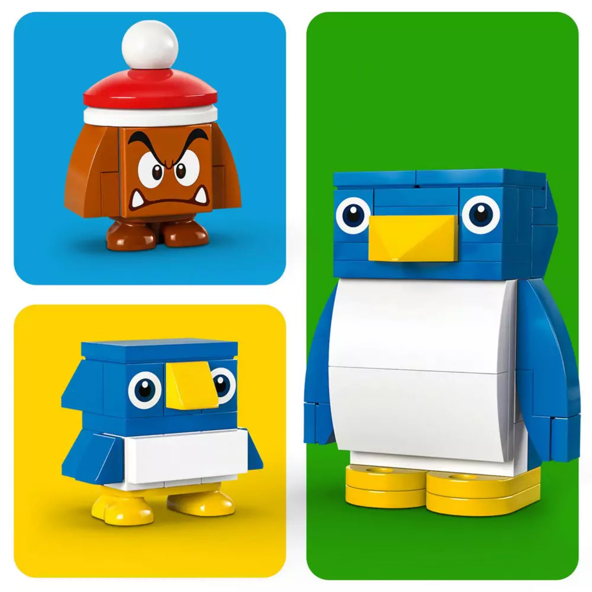 A LEGO 71430 szett három karaktere: karácsonyi sapkás Goomba, kis pingvin és nagy pingvin külön színes háttereken.