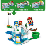 A LEGO 71430 szett három különböző kezdőkészlettel kombinálva, középen a jégkalandos pálya, Mario ugrik a levegőben.
