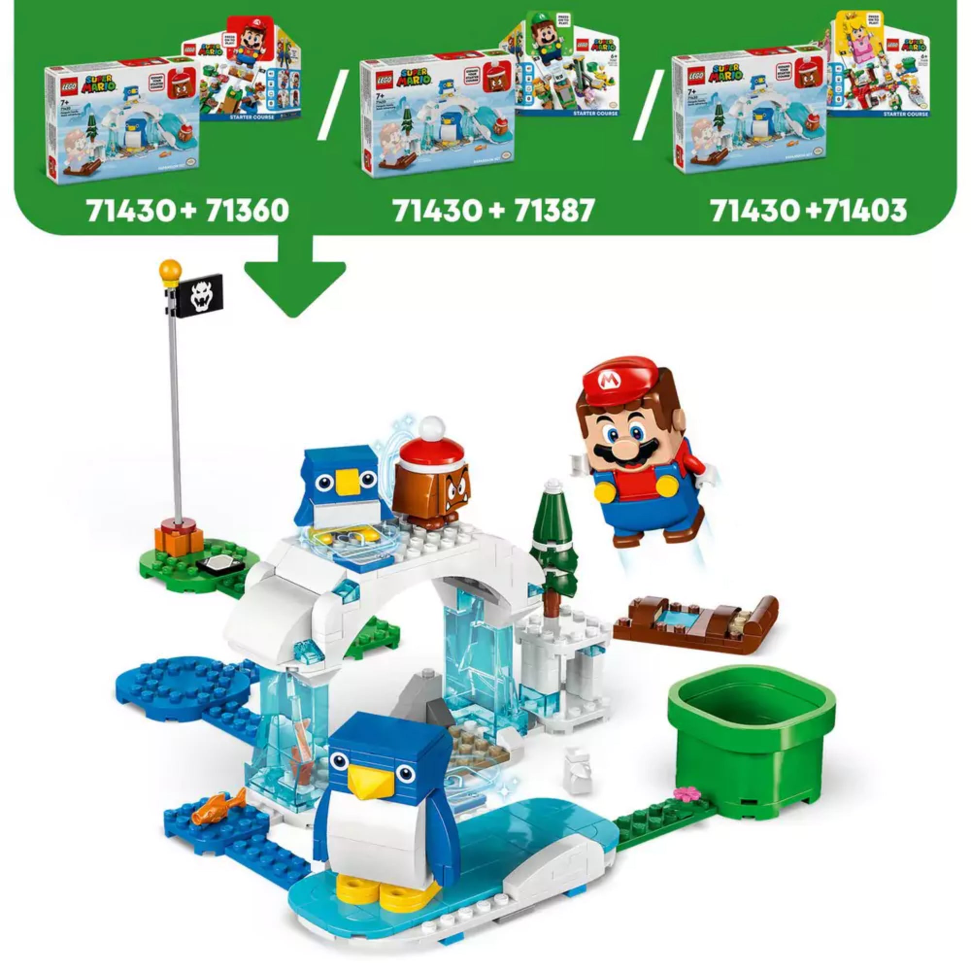 A LEGO 71430 szett három különböző kezdőkészlettel kombinálva, középen a jégkalandos pálya, Mario ugrik a levegőben.