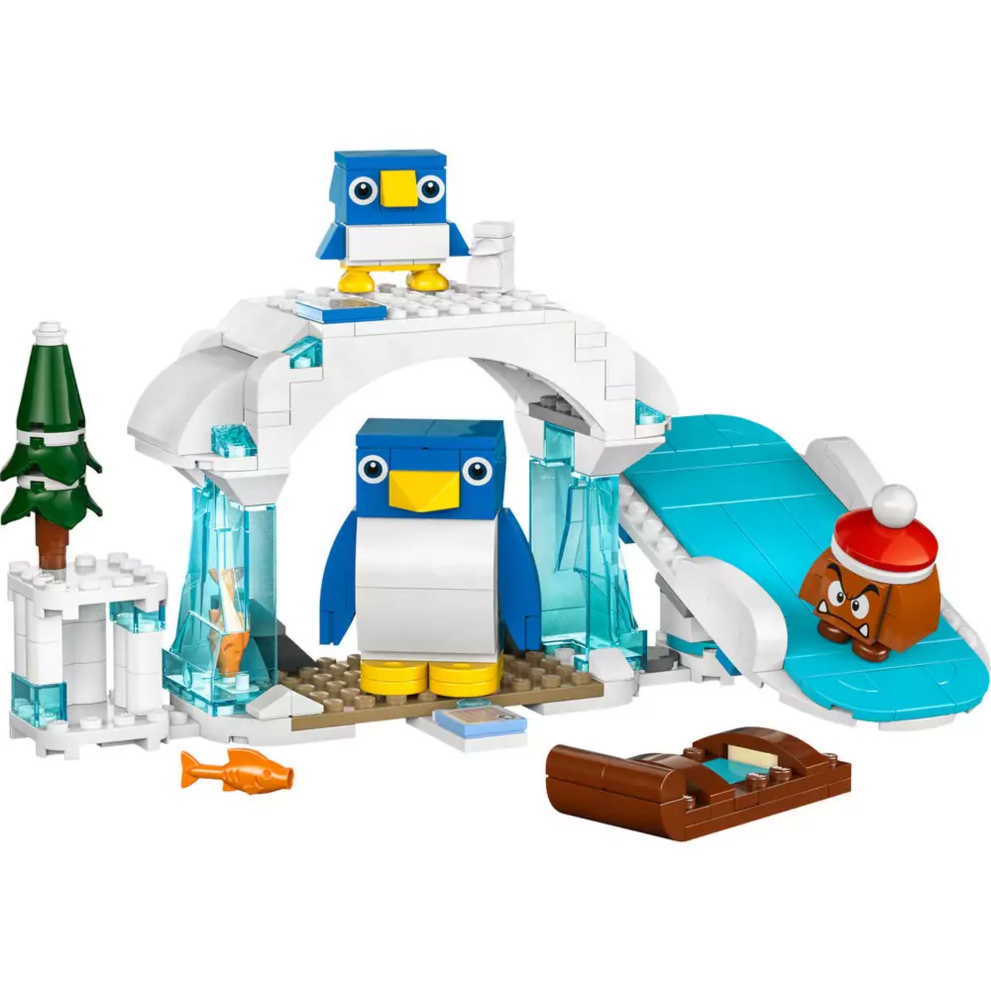 A LEGO 71430 pingvines szett épített jelenete: iglu, jégcsap elemek, csúszda, két pingvin és egy szánkón guruló Goomba.