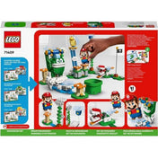 A LEGO Super Mario Big Spike felhőcsúcs kihívás (71409) szett dobozának hátoldala, kézzel irányított játékmenet bemutatásával és a digitális alkalmazásra utaló grafikai elemekkel.
