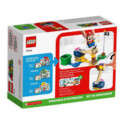 LEGO Super Mario Conkdor Noggin Bopper (71414) készlet hátoldali dobozképe, játékmenet ábrával, kezdőpályák kompatibilitási útmutatóval és digitális építési utasítás jelöléssel.