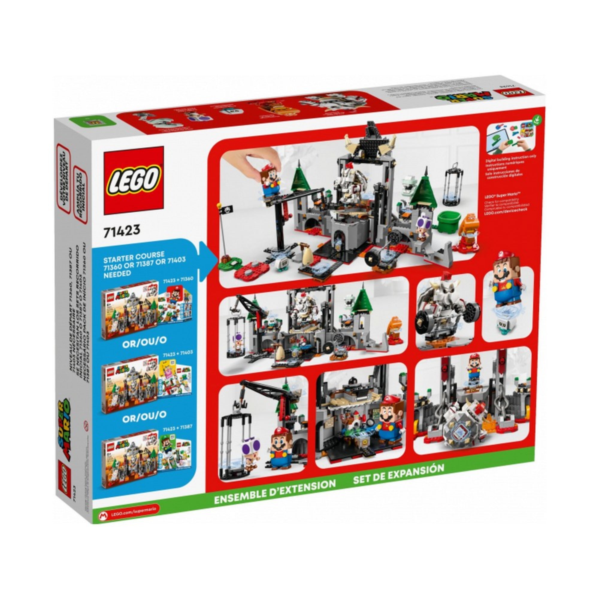 A képen a LEGO Super Mario 71423 – Dry Bowser kastélycsata szett dobozának hátoldala látható, amely részletesen bemutatja a készlet interaktív elemeit és játéklehetőségeit. A hátlapon több kisebb kép is helyet kapott, amelyek Mario különféle akcióit szemléltetik a gonosz Dry Bowser ellen.