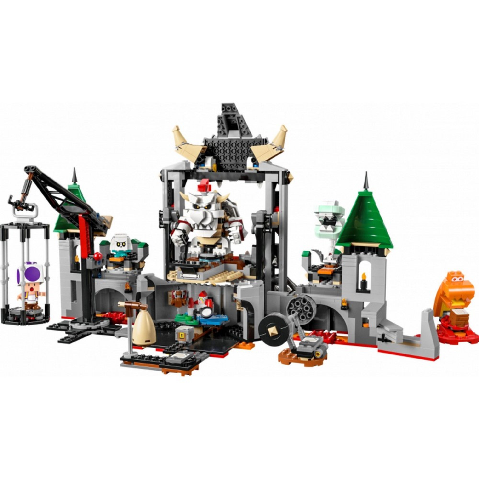 Ez a kép a LEGO Super Mario: Dry Bowser Castle Battle (71423) készlet teljesen felépített változatát mutatja be, akcióra készen.

A jelenet középpontjában Dry Bowser (Dry Bowser) hatalmas, mozgatható figurája áll, aki egy trónszerű emelvényen őrzi a kastélyt. A vár tele van csapdákkal és mozgó mechanizmusokkal,