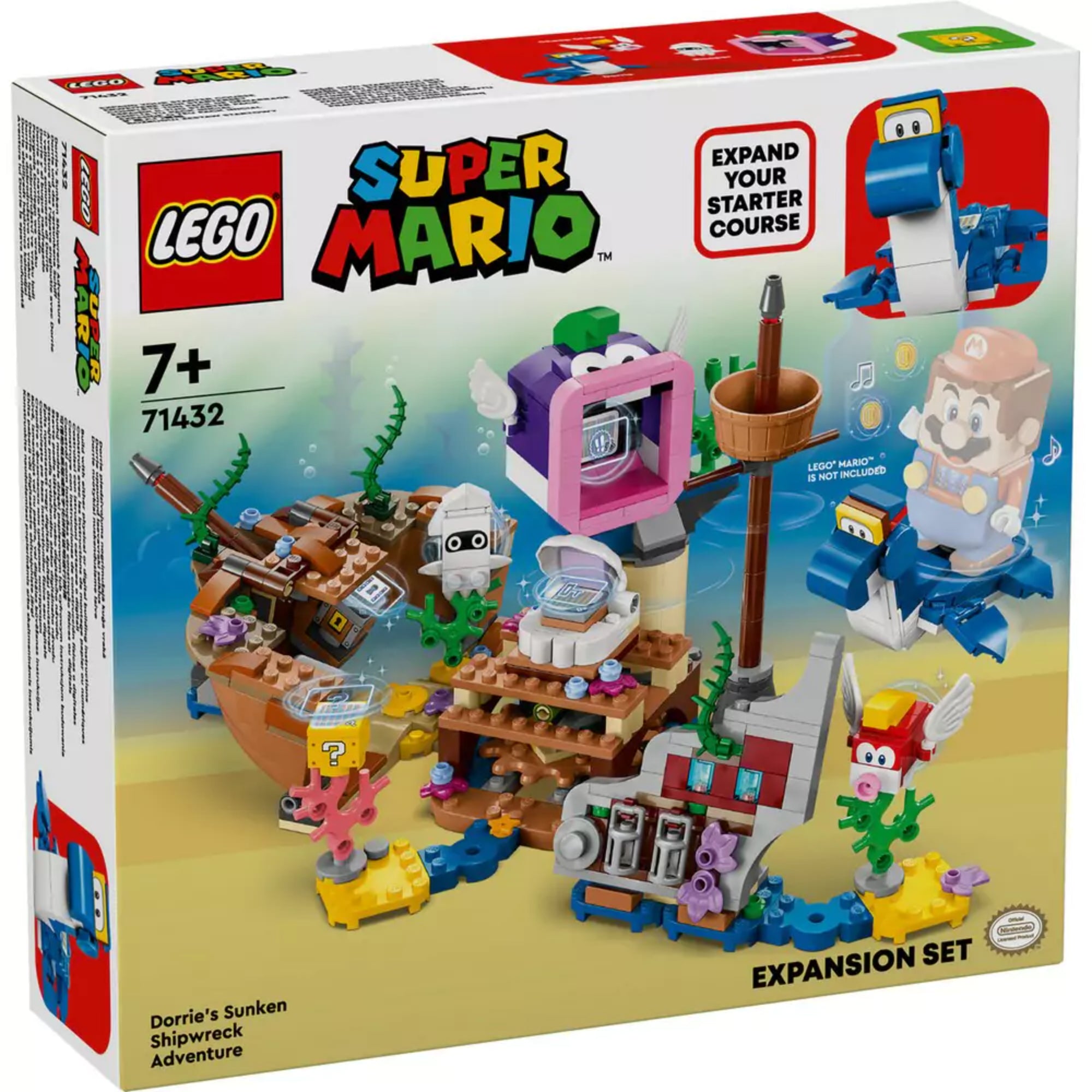 A LEGO Super Mario Dorrie elsüllyedt hajóroncs kalandjai kiegészítő szett (71432) színes doboza, amelyen a szett víz alatti jelenete, Dorrie figura, Blooperek és más karakterek, valamint a LEGO Mario figura szerepel illusztrációként.