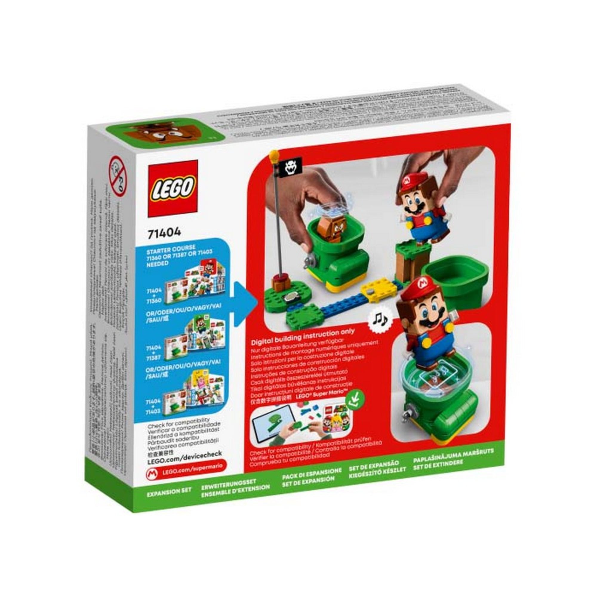 A LEGO Super Mario Goomba cipője (71404) szett dobozának hátoldala, rajta digitális építési útmutatóra való utalással és Mario figura játék közbeni jeleneteivel.