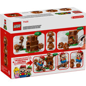 A LEGO Super Mario Goomba játszótér (71433) dobozának hátlapja, bemutatva a játékmenetet és a Goomba figurákkal való interaktív lehetőségeket.