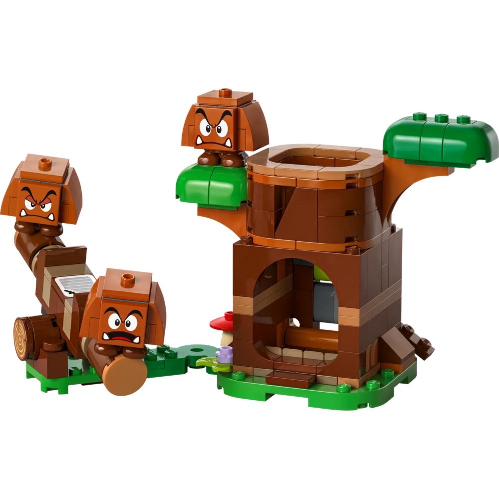 A LEGO Super Mario Goomba játszótér (71433) készlet felállítva, középen a fa alakú építménnyel és három Goomba figurával.