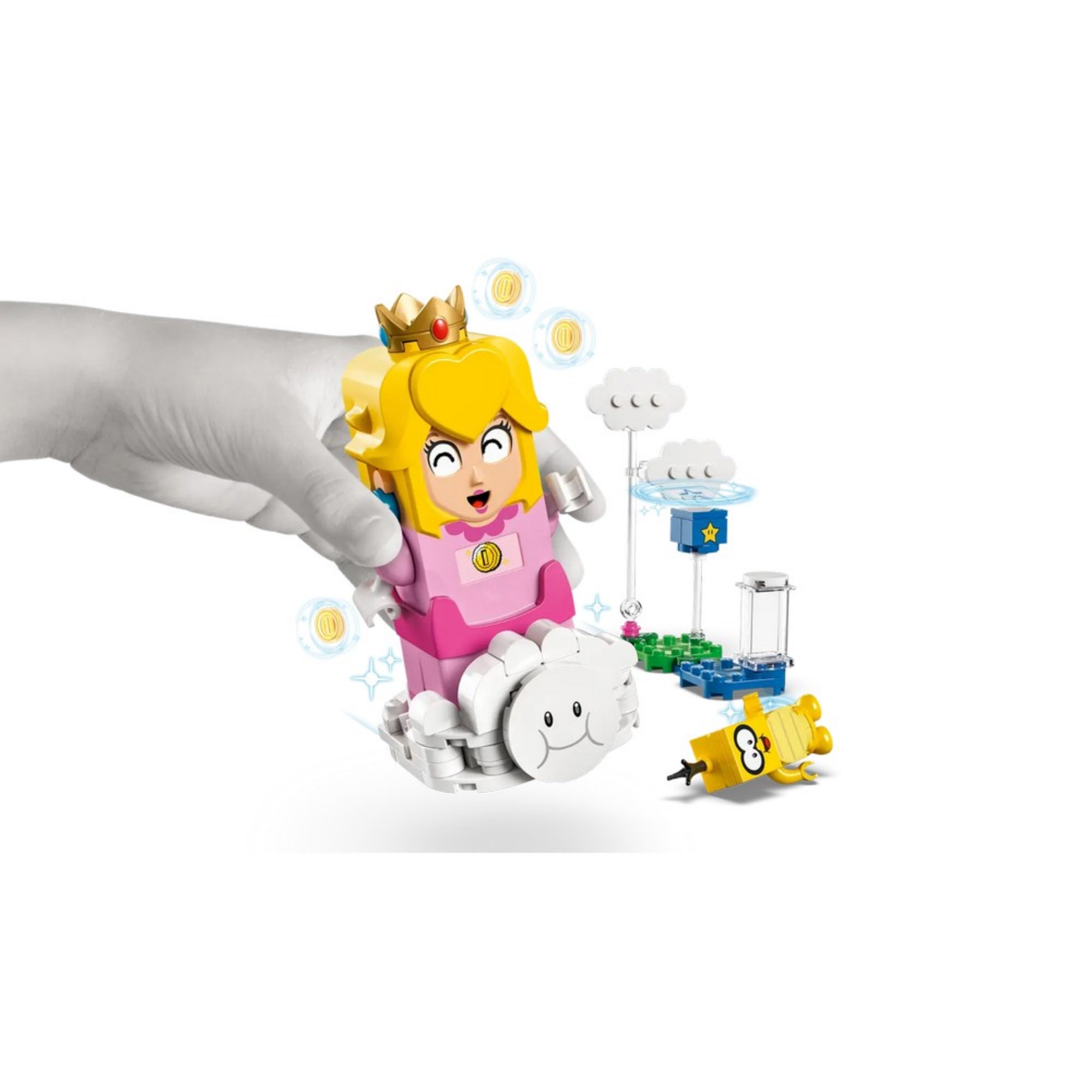 A készlethez tartozó három figura: Lakitu sárga felhőn, Yellow Toad egy platformon, és Peach hercegnő, mellette egy kis levéllel ellátott zöld terepelemmel.
