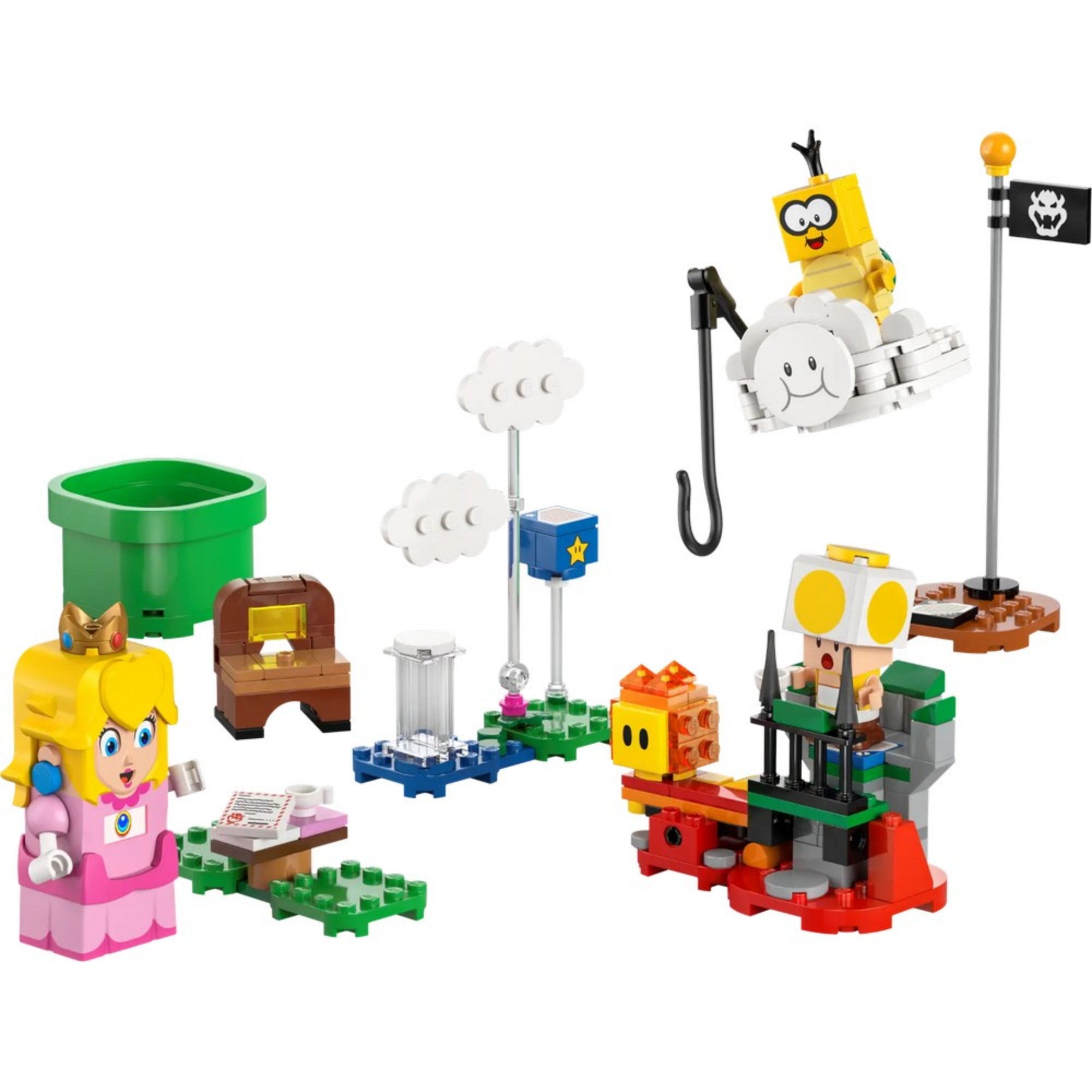 A LEGO készlet fontos elemei, köztük a kincsesláda, csillagos blokk, Lakitu horoggal, lávabuborék figura, Peach hercegnő és a sárga Toad, akit egy ketrecbe zártak.