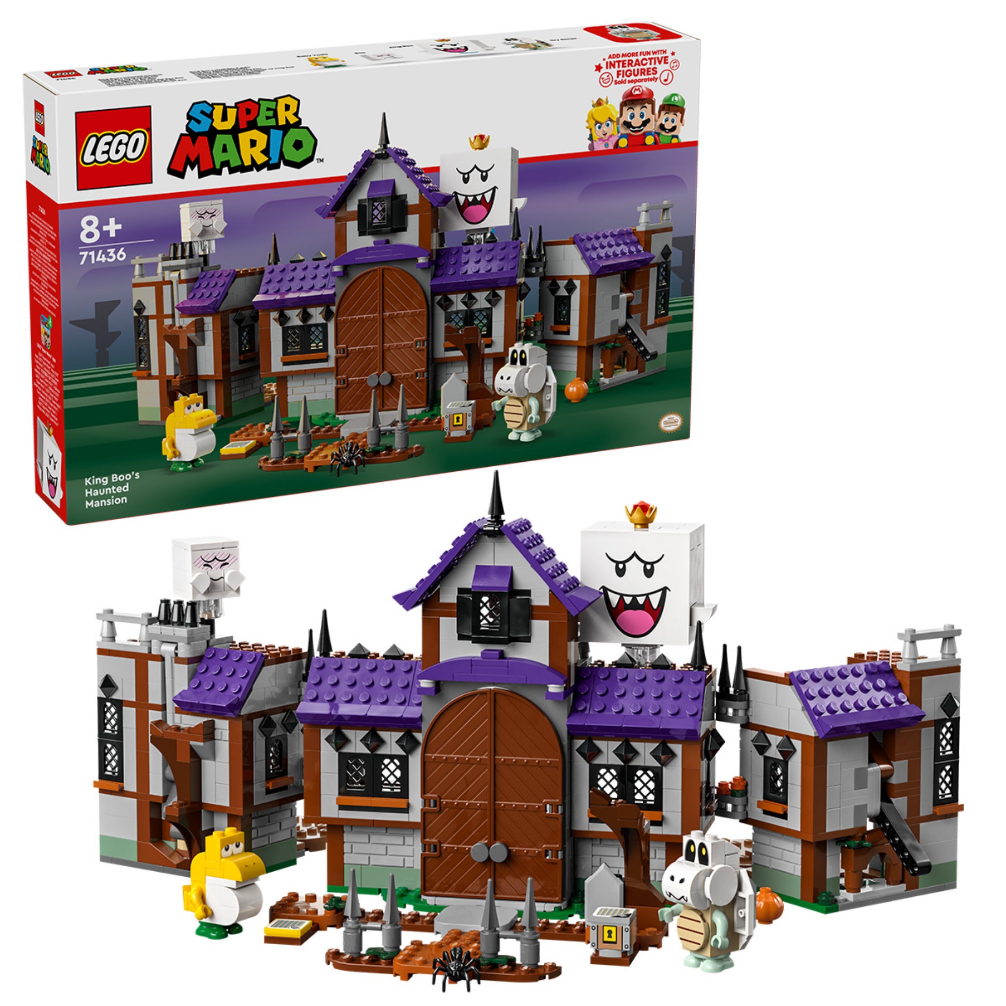 A LEGO Super Mario King Boo kísértetkastélya (71436) doboza és a teljes készlet együtt, a hátborzongató kastéllyal és a jól ismert Super Mario ellenségekkel.