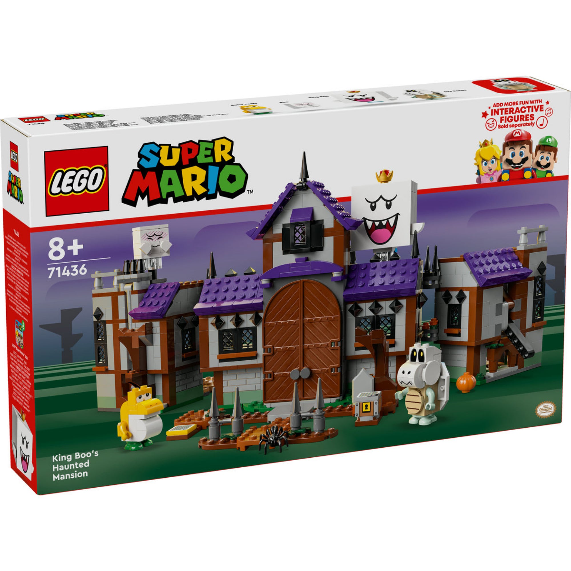 A LEGO Super Mario King Boo kísértetkastélya (71436) doboza, amely a részletes építményt ábrázolja sötét, misztikus háttérrel és Super Mario logóval.