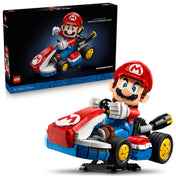 A LEGO Super Mario Mario Kart Mario & Standard Kart (72037) doboza és a teljes készlet, a részletes Mario figurával és piros-kék versenyautójával.