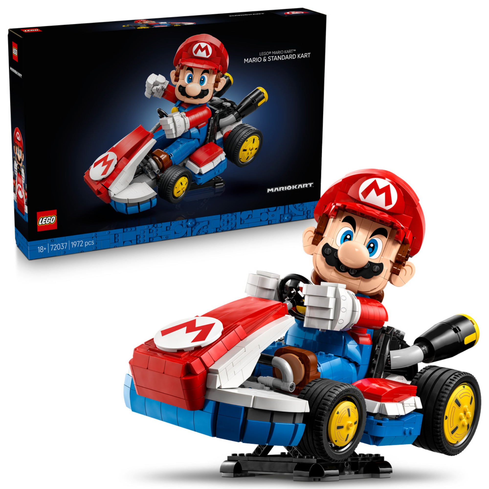 A LEGO Super Mario Mario Kart Mario & Standard Kart (72037) doboza és a teljes készlet, a részletes Mario figurával és piros-kék versenyautójával.