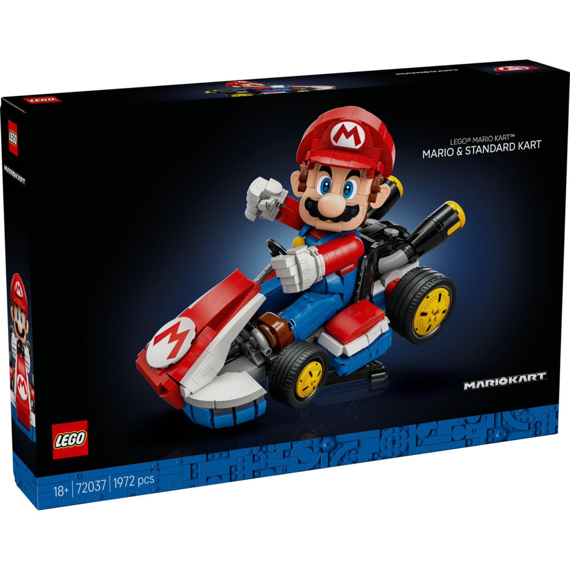 A LEGO Super Mario Mario Kart Mario & Standard Kart (72037) doboza, amelyen a dinamikus gokartozó Mario látható modern, sötét háttérrel.
