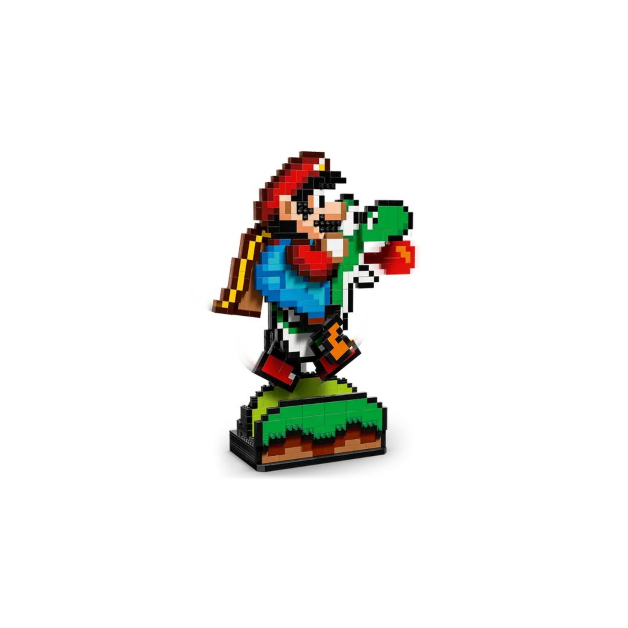 Összeépített LEGO Super Mario és Yoshi figura a 71438-as szettből, klasszikus 8-bites pixelstílusban, zöld fűalapzattal.