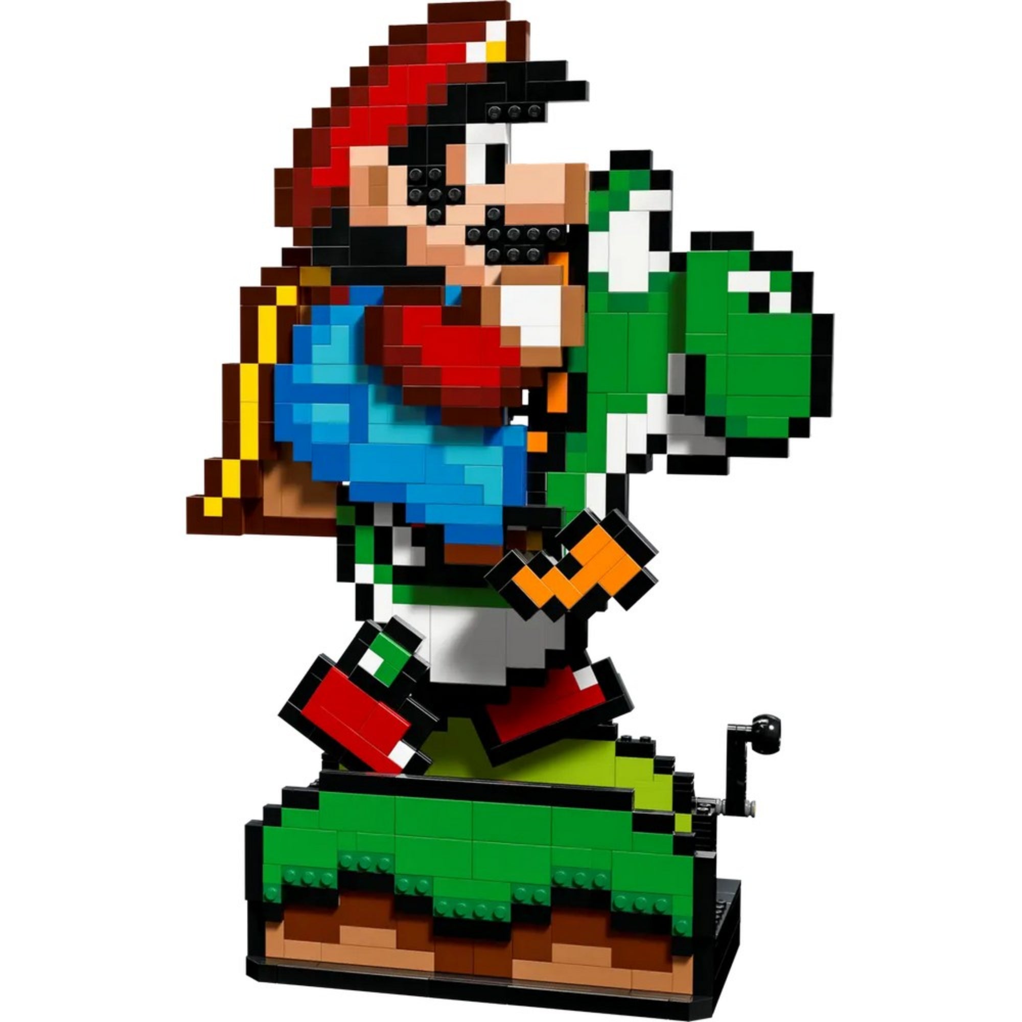 A LEGO 71438 szett minden darabja kiállítva, köztük a mozgatható Mario és Yoshi figura, fűalap és hajtókar.