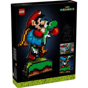A LEGO Super Mario – Mario és Yoshi (71438) szett dobozának hátlapja, műszaki rajzzal és játék közbeni jelenetekkel.