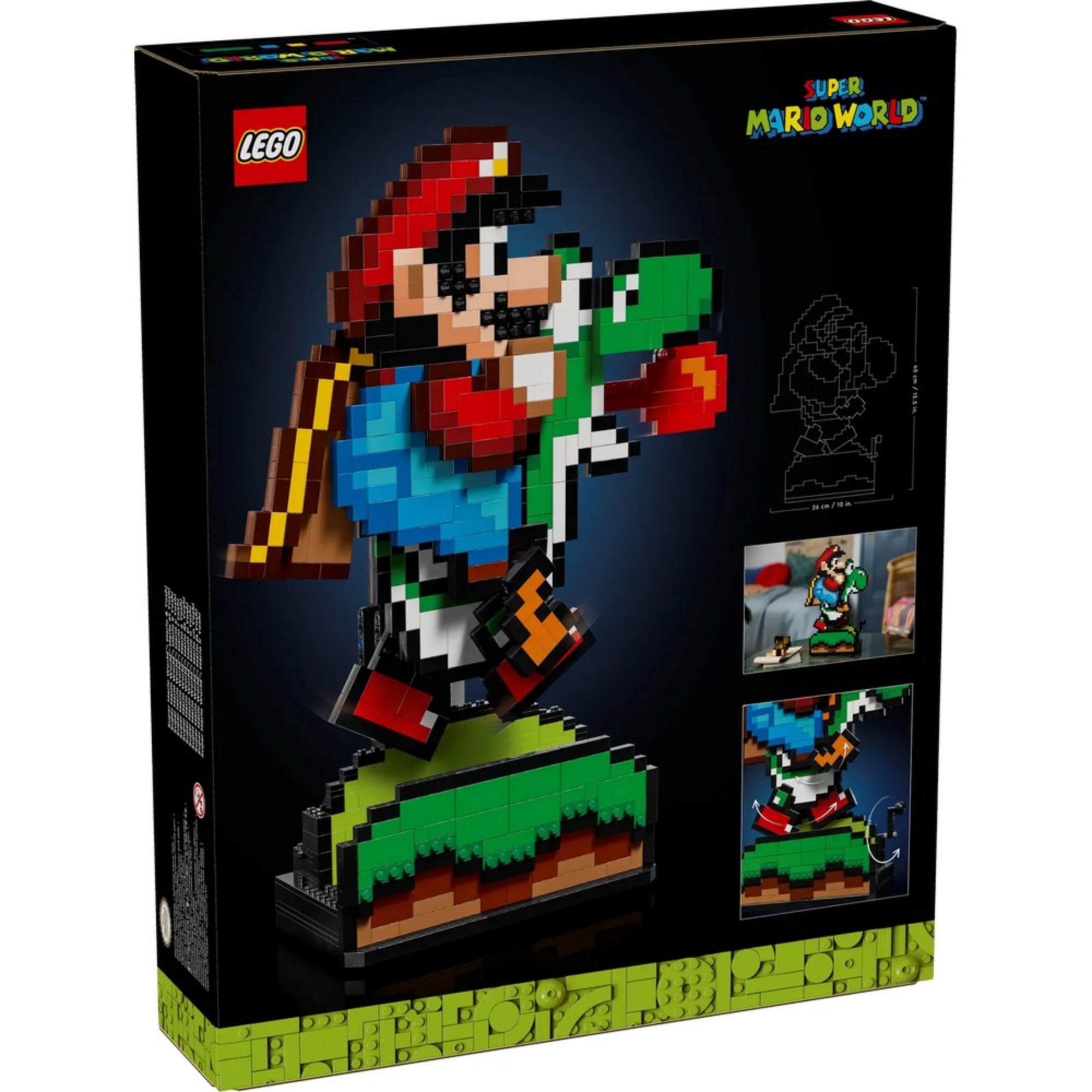 A LEGO Super Mario – Mario és Yoshi (71438) szett dobozának hátlapja, műszaki rajzzal és játék közbeni jelenetekkel.