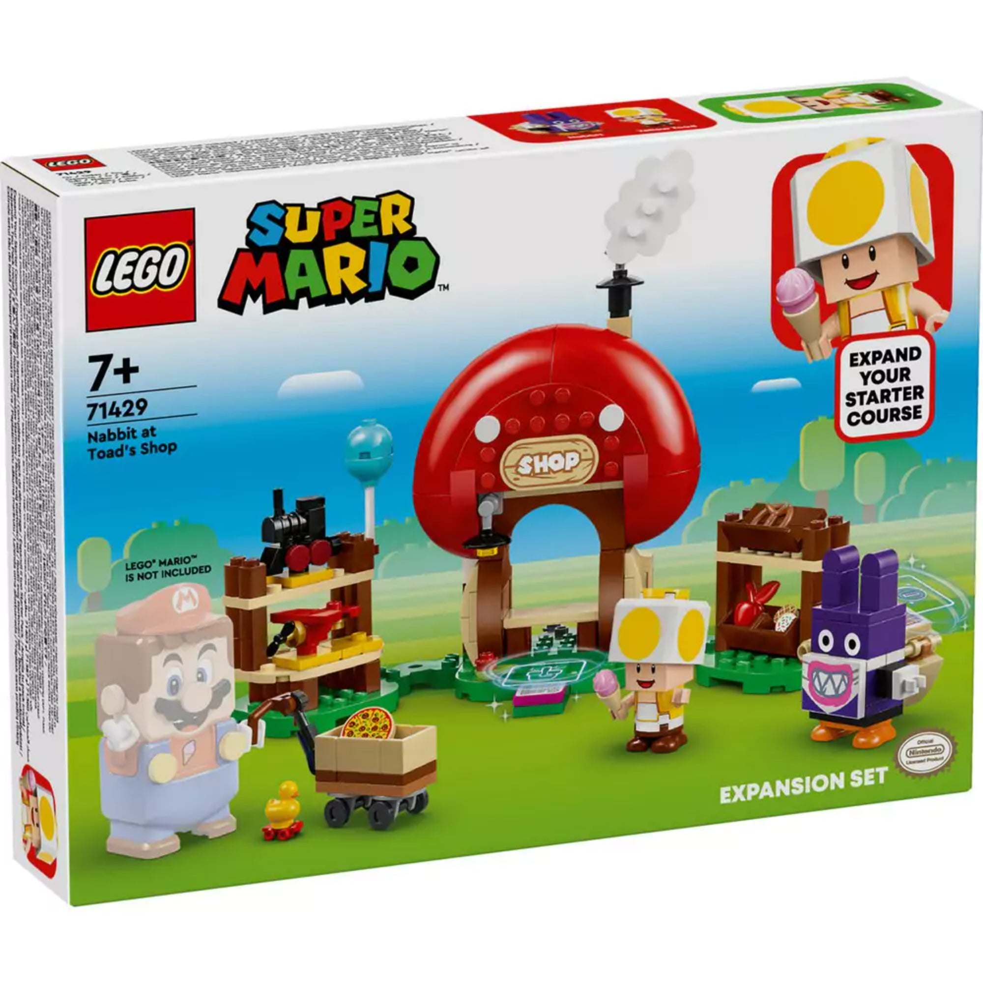 LEGO Super Mario Nabbit Toad boltjánál kiegészítő szett doboza, előtérben Toad és Nabbit figurák, háttérben a gombaalakú bolt és játékbolt részletei, 7+ korosztály jelzéssel.