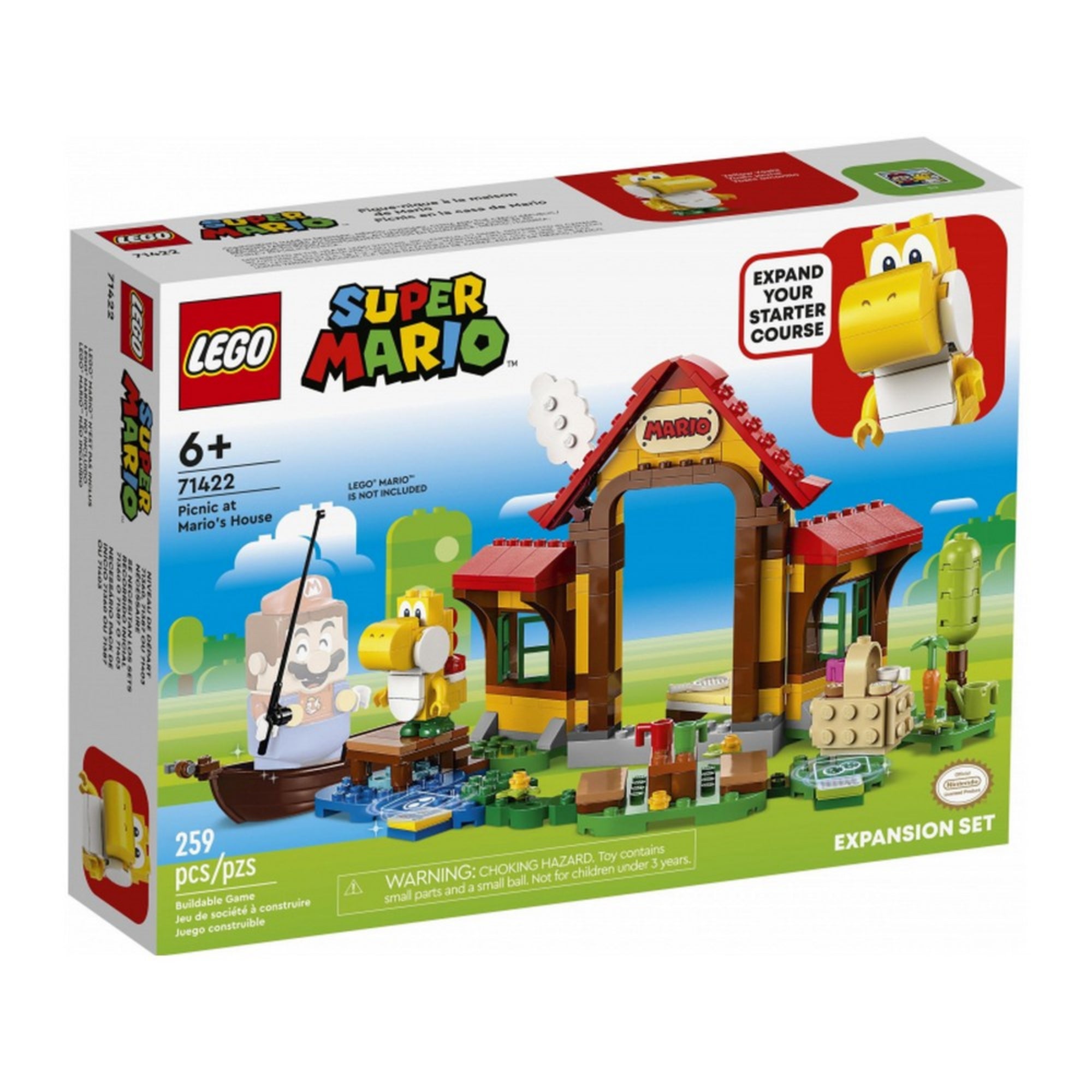 A LEGO Super Mario Piknik Mario házánál kiegészítő szett (71422) színes doboza, rajta az összeszerelt jelenet Mario házával, Yellow Yoshi figurával és egy csónakkal a vízparton.