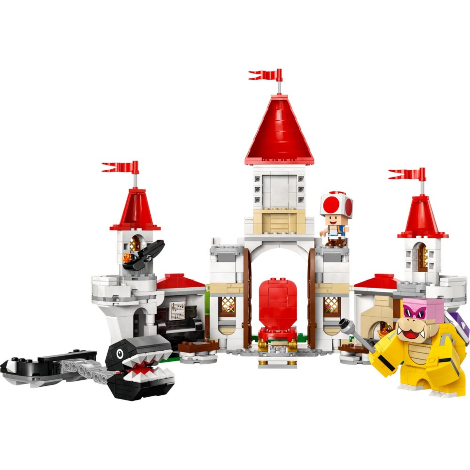 Kastély hátulnézet és karakterek: A LEGO 71435 készlet hátsó nézete, látható a trónterem, Roy figura, Toad és az ellenséges láncos teremtmény.