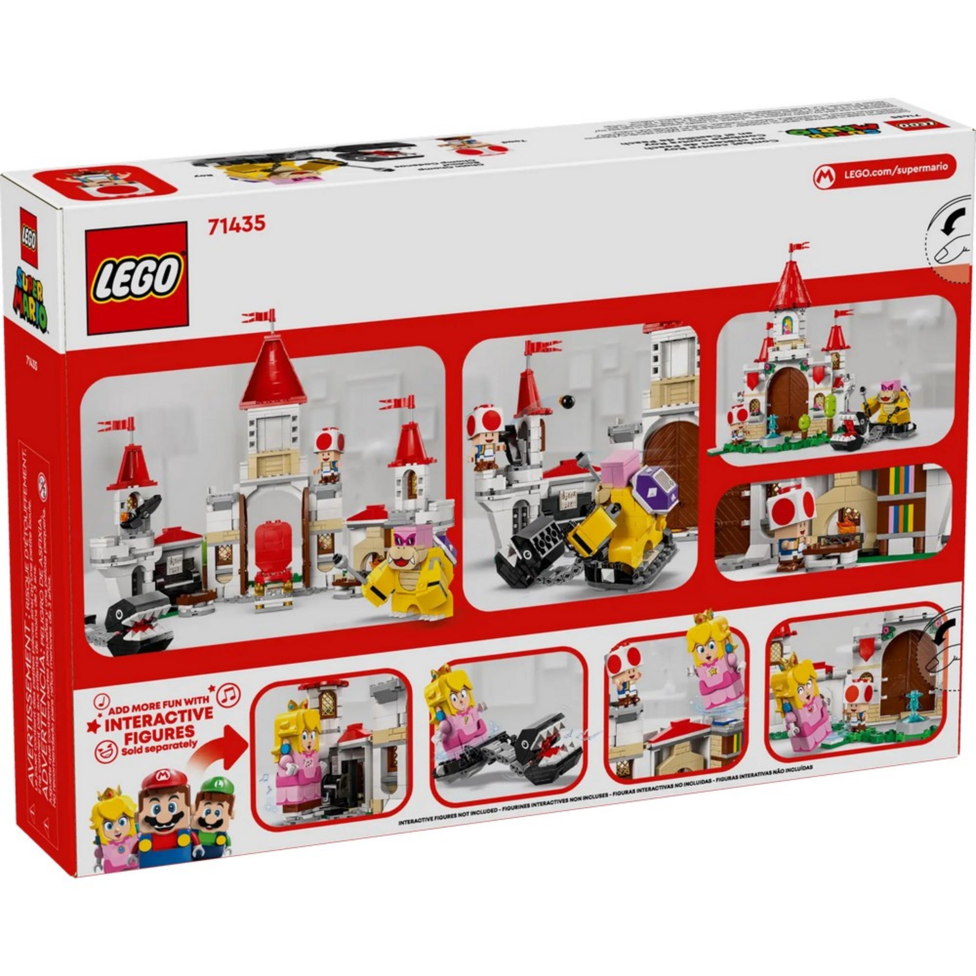 Doboz hátlapja: LEGO Super Mario 71435 dobozának hátlapja, amely több játéklehetőséget és karakterinterakciót ábrázol.