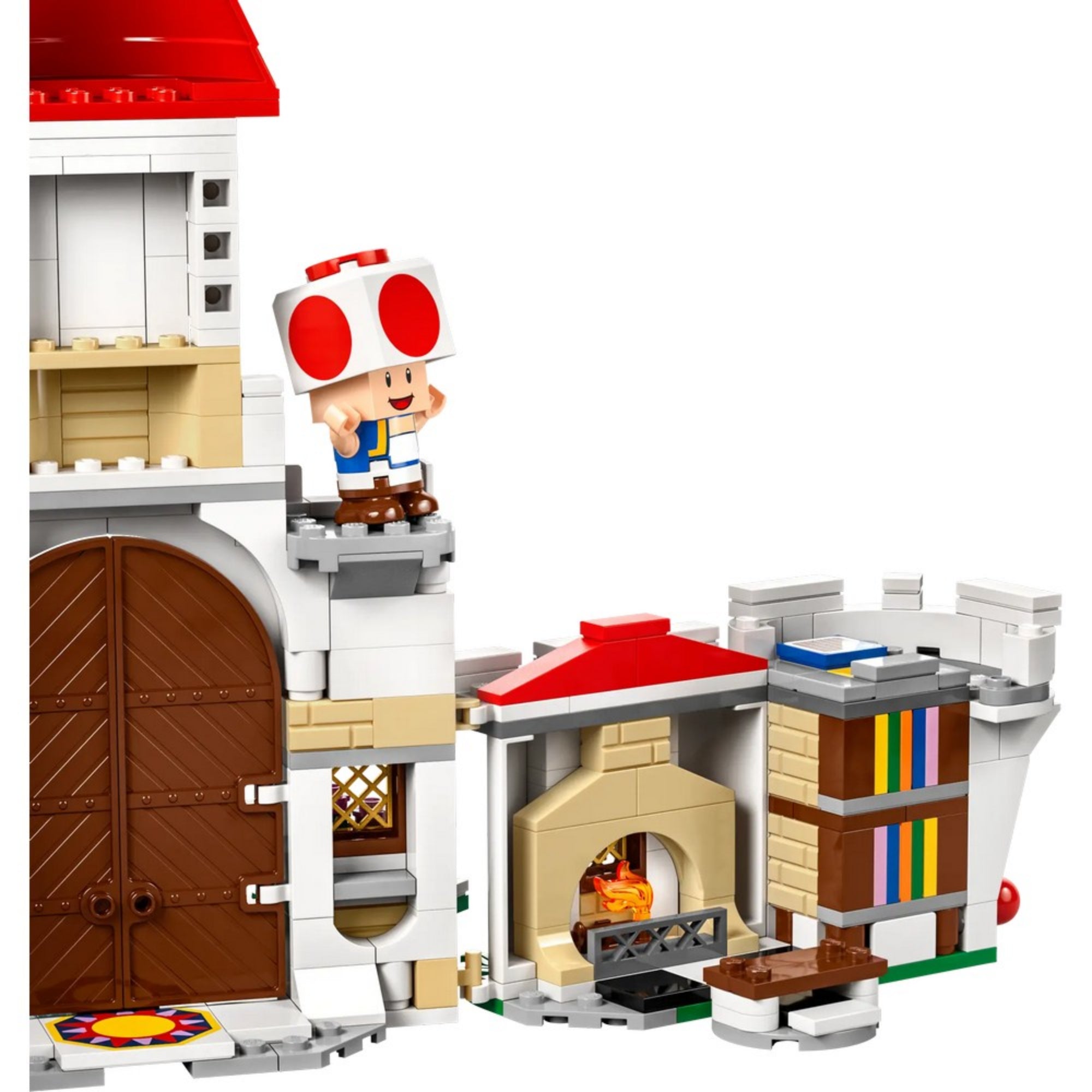 A kastély előnézete: A LEGO Super Mario 71435 készlet gyönyörűen kidolgozott kastélya piros tornyokkal és díszítőelemekkel, Toad figurával az előtérben.
