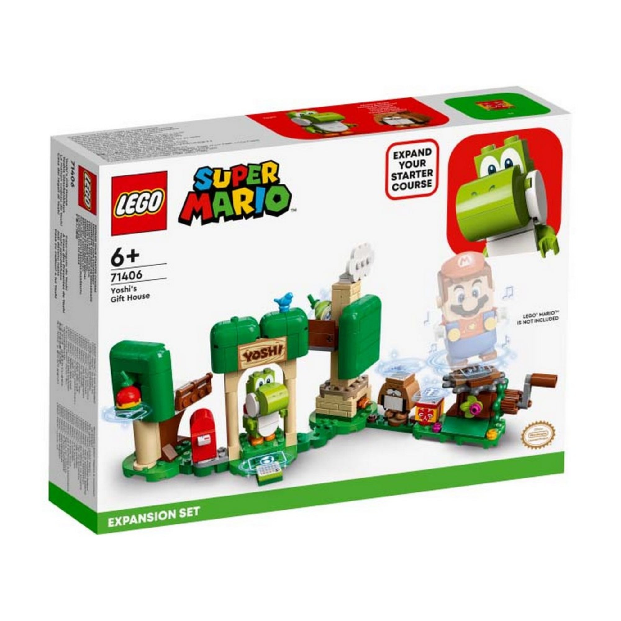 LEGO Super Mario Yoshi ajándékháza kiegészítő szett (71406) doboza, rajta a játékelemekkel és a szellemes Yoshi figura illusztrációjával.